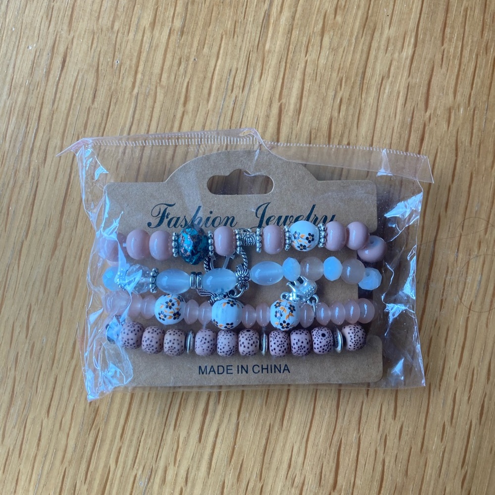 NWT Fashion Jewelry Brown/Tan Beaded Bracelets with Charms, Pack of 4